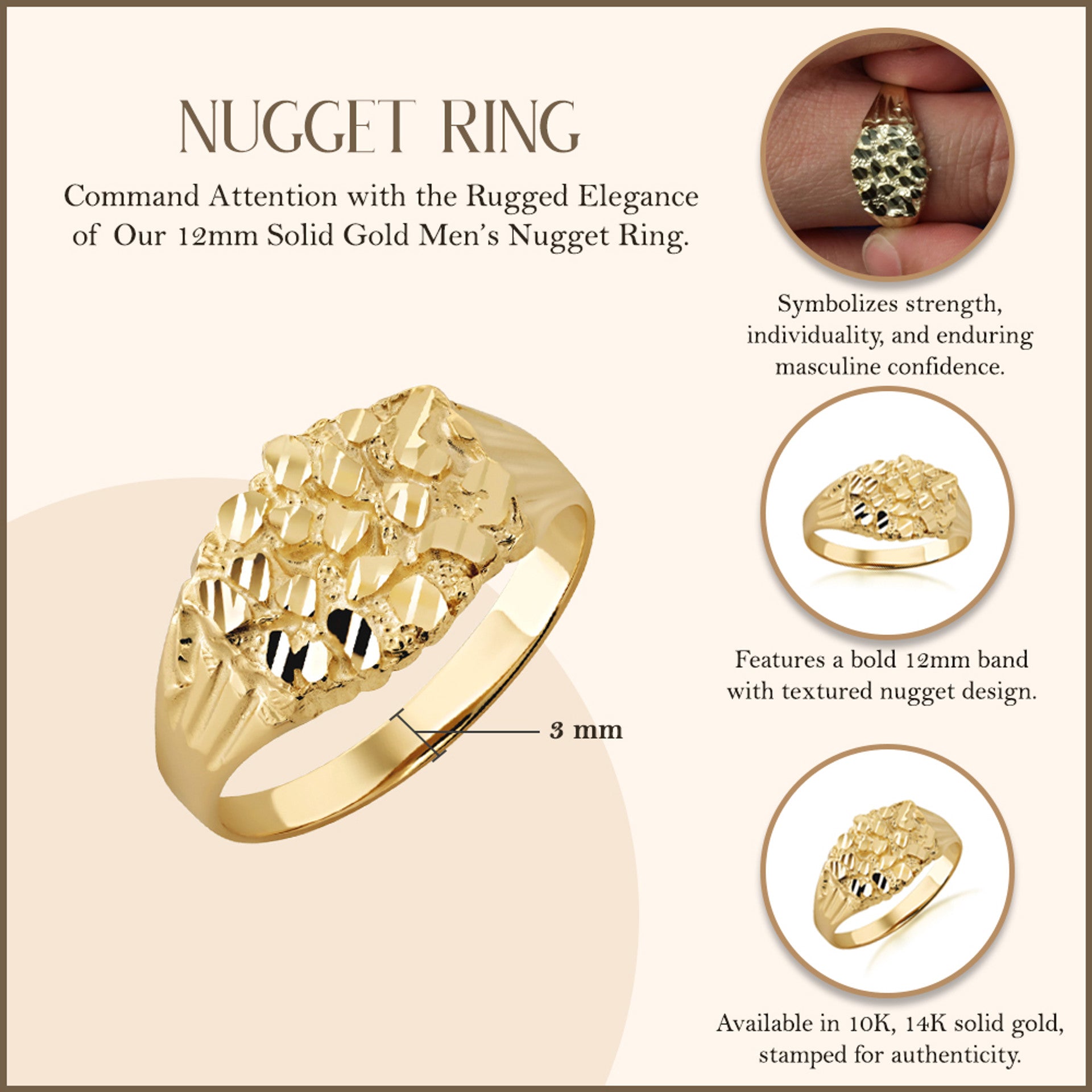 10K/14K Gold Men's 12mm Nugget Ring