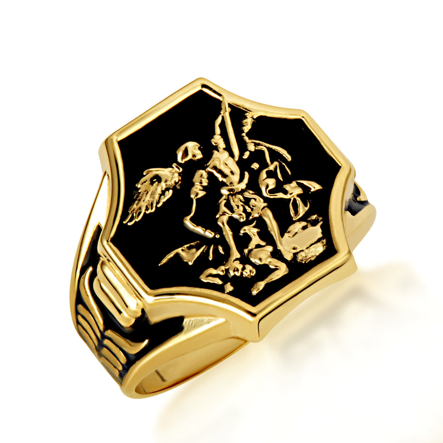 Gold Black Onyx Enamel Saint Michael Archangel Crest Signet Ring (Available in Yellow/Rose/White Gold)