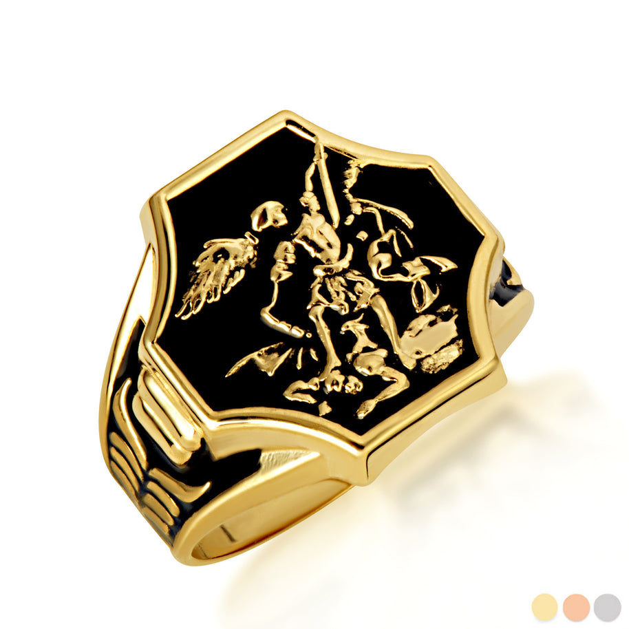 Gold Black Onyx Enamel Saint Michael Archangel Crest Signet Ring (Available in Yellow/Rose/White Gold)