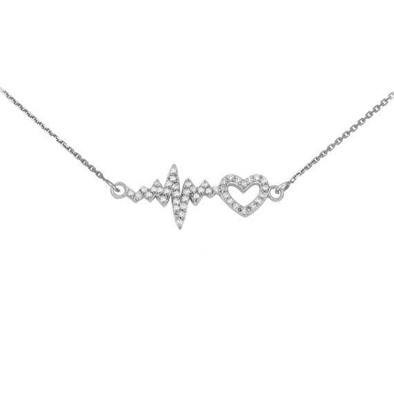 14K White Gold Diamond Heartbeat Pulse EKG Pendant Necklace