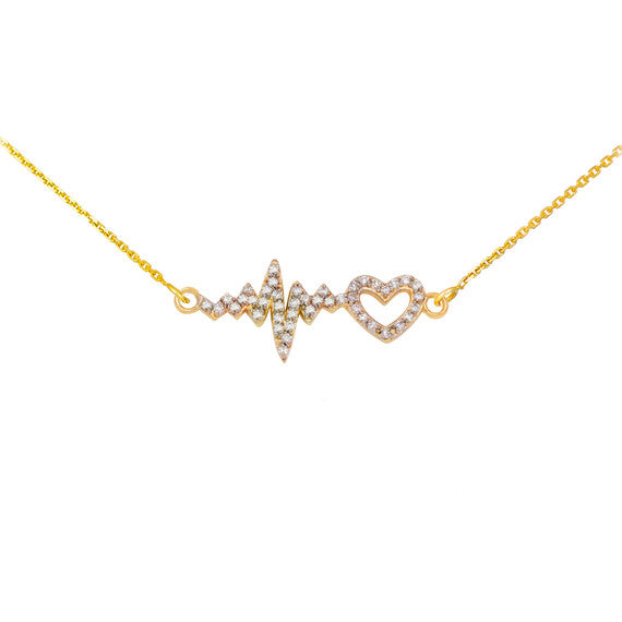 14K Yellow Gold Diamond Heartbeat Pulse EKG Pendant Necklace