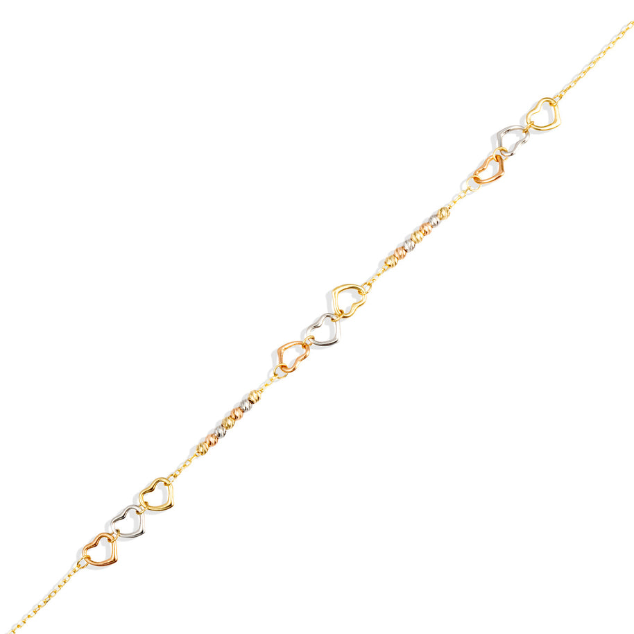 14K Tri-Color Gold Triple Heart Beaded Love Bracelet 6mm