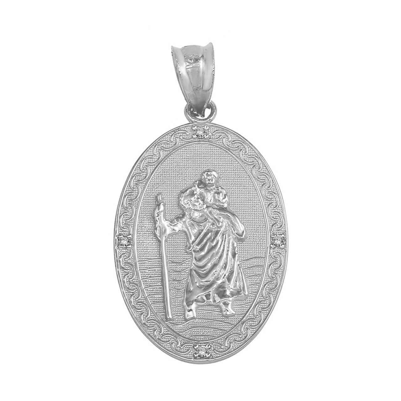 Sterling Silver Saint Christopher Engravable Medallion CZ Pendant Necklace ( 1