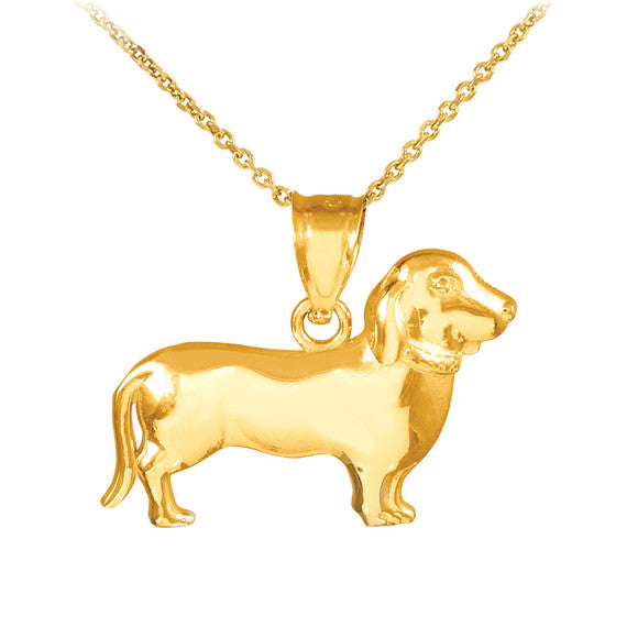 Solid Gold Polished Weiner Dog Dachshund Puppy Charm Pendant Necklace(Available in Yellow/White Gold)