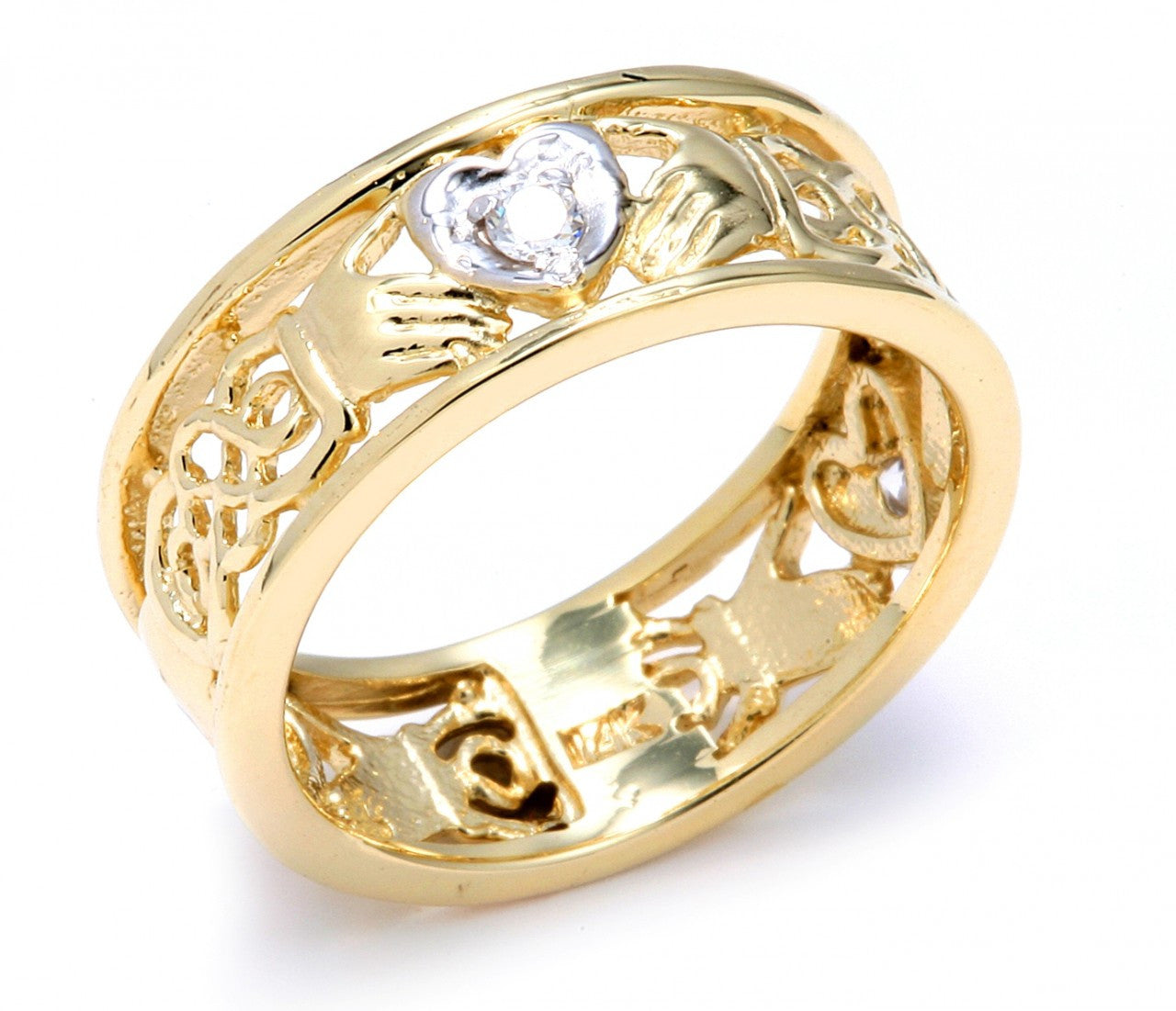 Gold Diamond Claddagh Wedding Band with Celtic Knot (Available in Two Tone/White Gold)