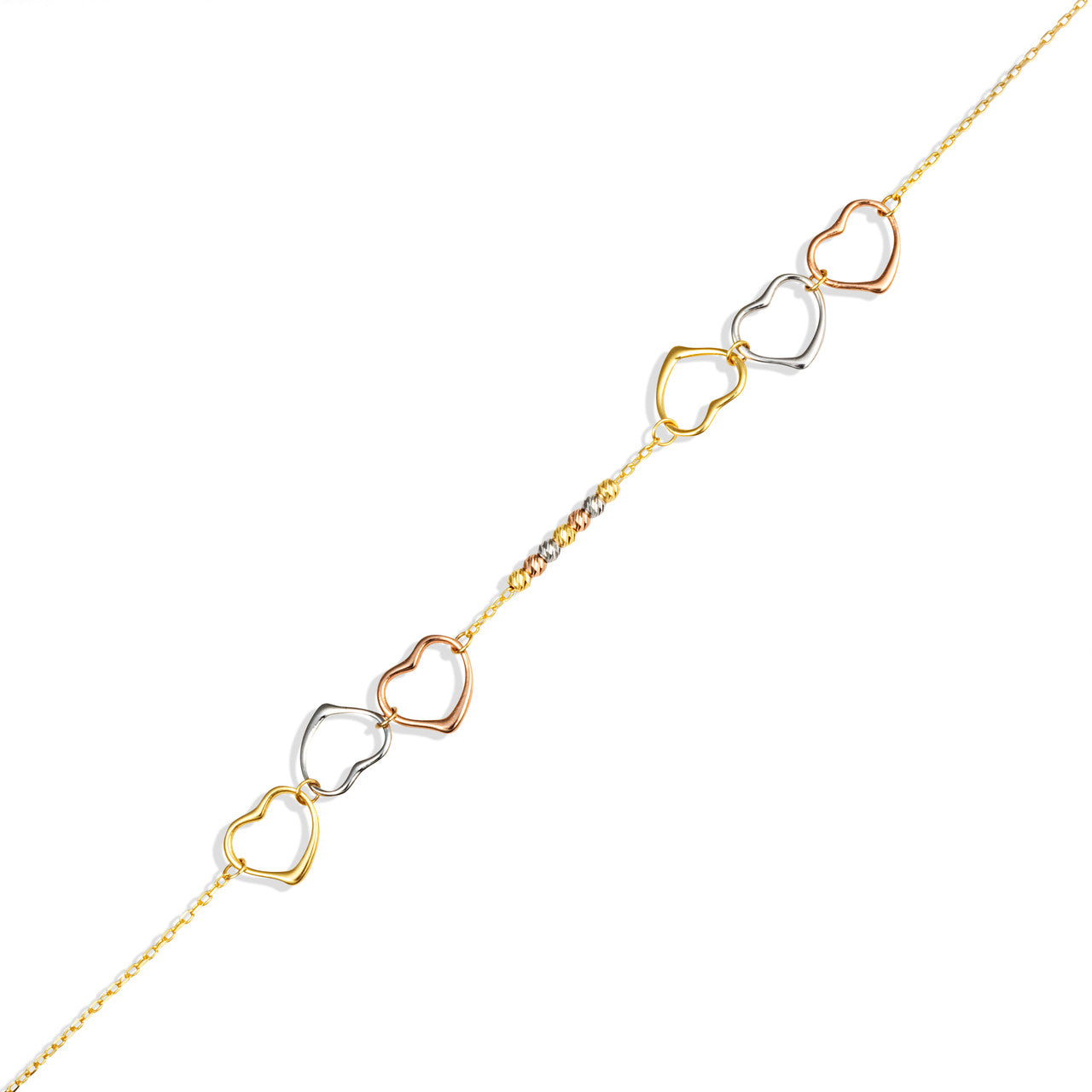 14K Tri-Color Gold Triple Heart Beaded Love Bracelet 12.5mm