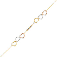 14K Tri-Color Gold Triple Heart Beaded Love Bracelet 12.5mm