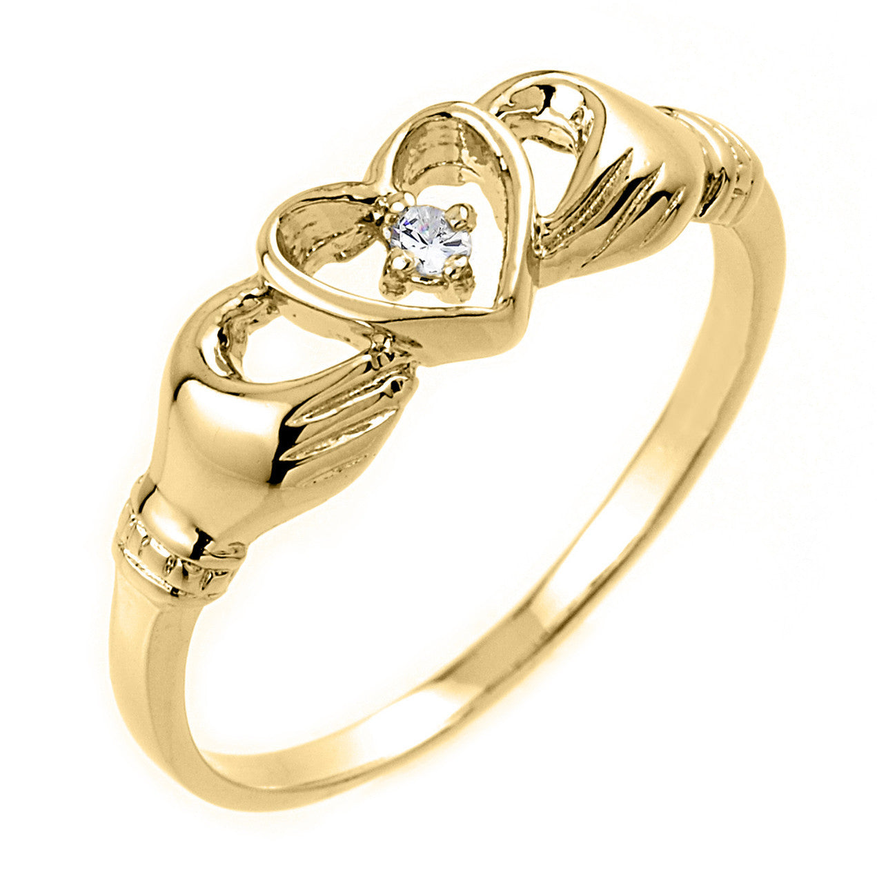 Gold Claddagh Ring with Diamond (Available in Yellow/Rose/White Gold)