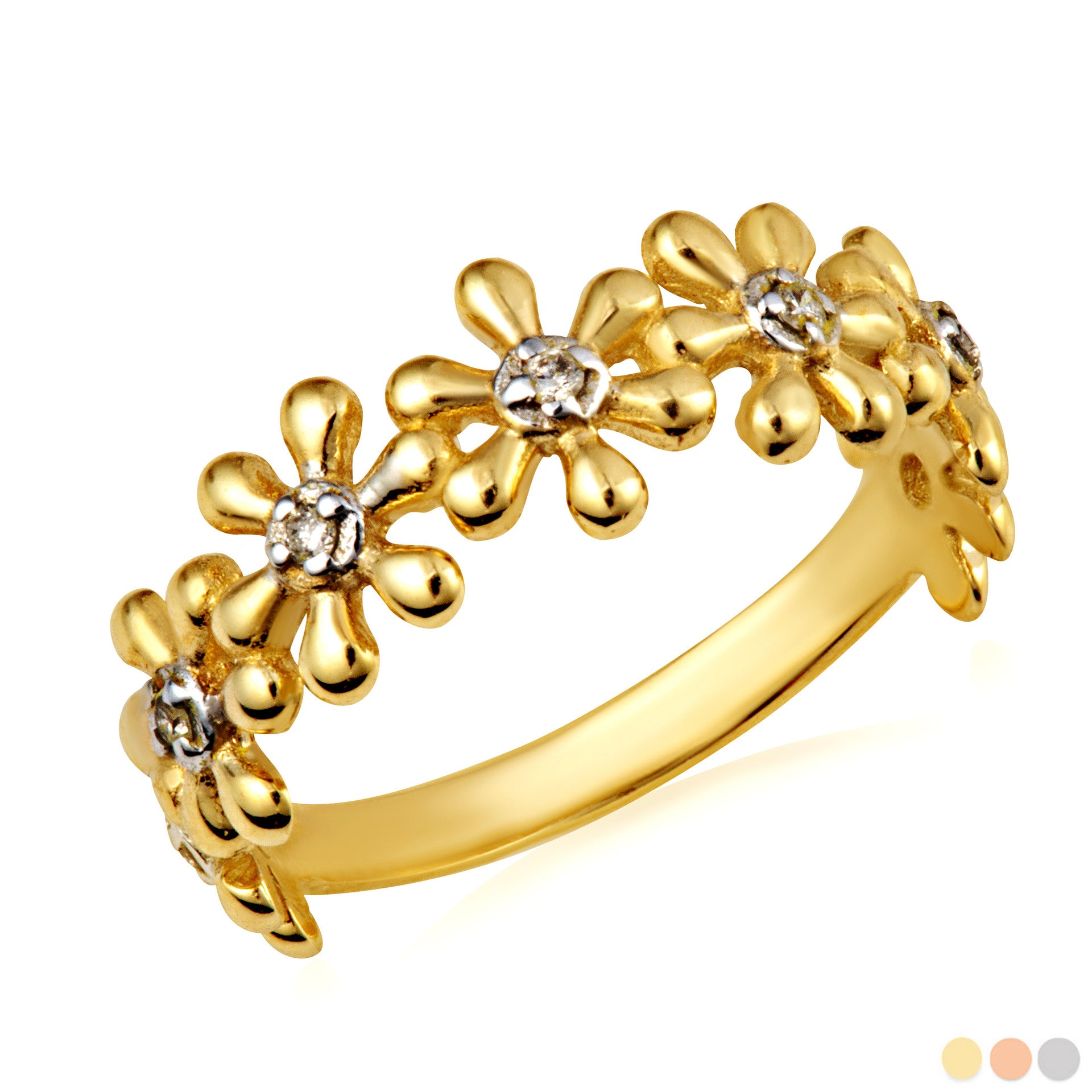 Gold Diamond Studded Daisy Flower Petal Band Ring (Available in Yellow/Rose/White Gold)