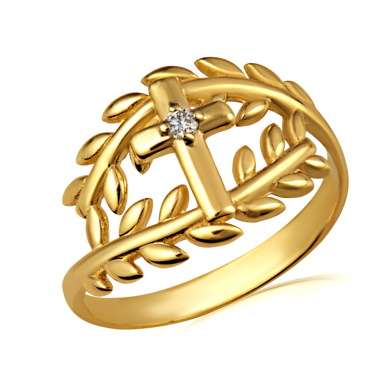 Gold Diamond Cross Olive Branch Vines Wraparound Ring (Available in Yellow/Rose/White Gold)