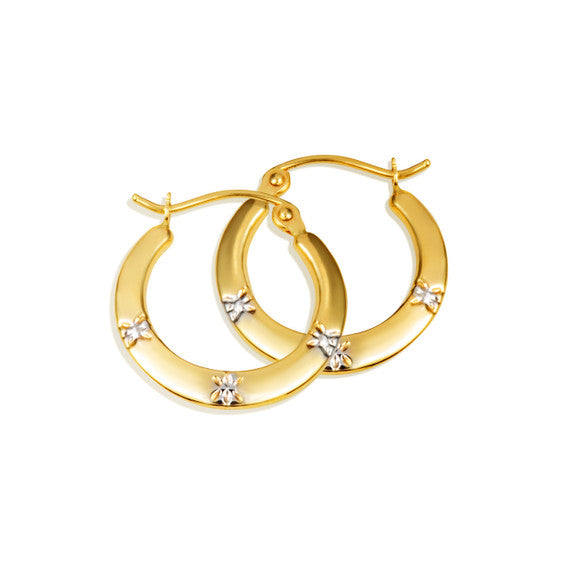 Two-Tone Gold Flower Textured Hoop Earrings