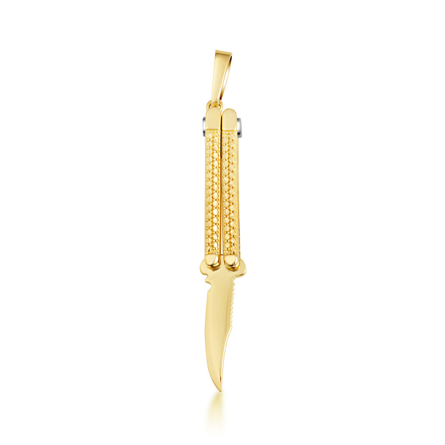 Yellow Gold Diamond Cut Pocket Knife Switchblade Pendant Necklace