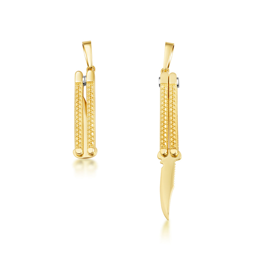 Yellow Gold Diamond Cut Pocket Knife Switchblade Pendant Necklace