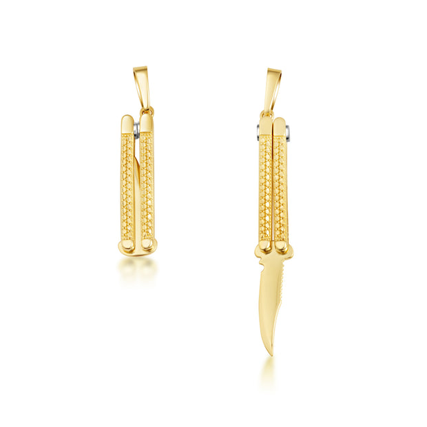 Yellow Gold Diamond Cut Pocket Knife Switchblade Pendant Necklace