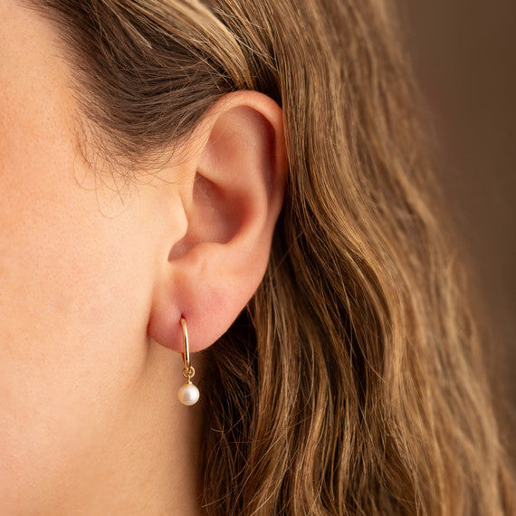 14K Yellow Gold Pearl Drop Huggie Earrings