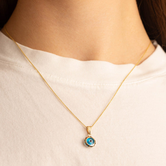 Yellow Gold Blue Enamel Evil Eye Sun Pendant Necklace