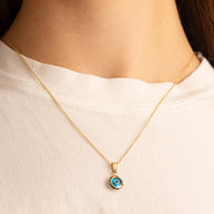 Yellow Gold Blue Enamel Evil Eye Sun Pendant Necklace