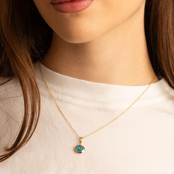 Yellow Gold Blue Enamel Evil Eye Pendant Necklace