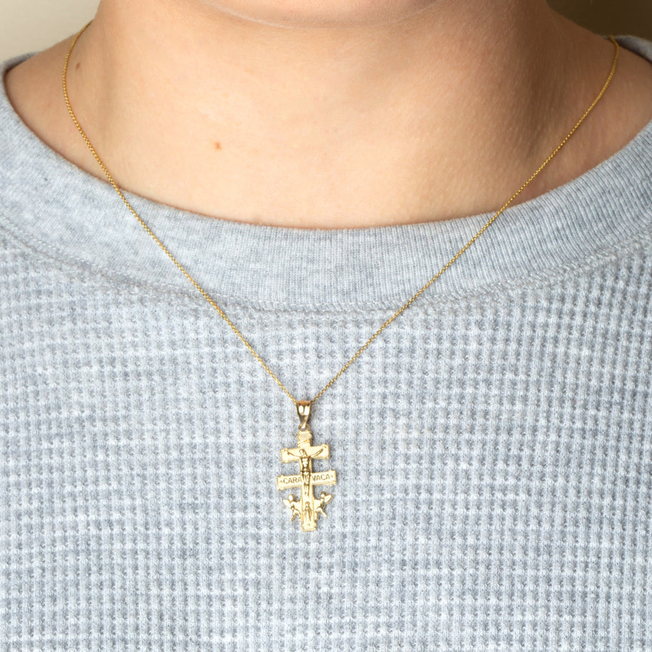 Gold Spanish Caravaca Cross Crucifix Jesus Christ Angels Pendant Necklace (Available in Yellow/Rose/White Gold)