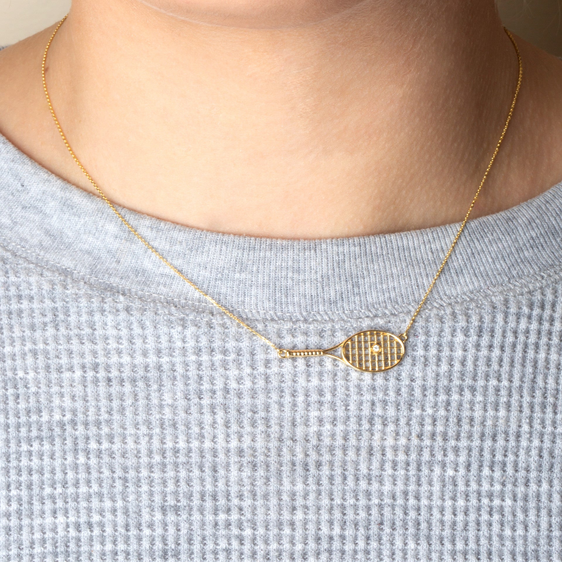 14K Gold Diamond Tennis Racket Sports Pendant Necklace (Available in Yellow/Rose/White Gold)