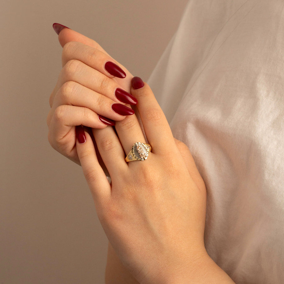 Tri-Color Gold Diamond Cut Our Lady of Guadalupe Cross Oval Signet Ring