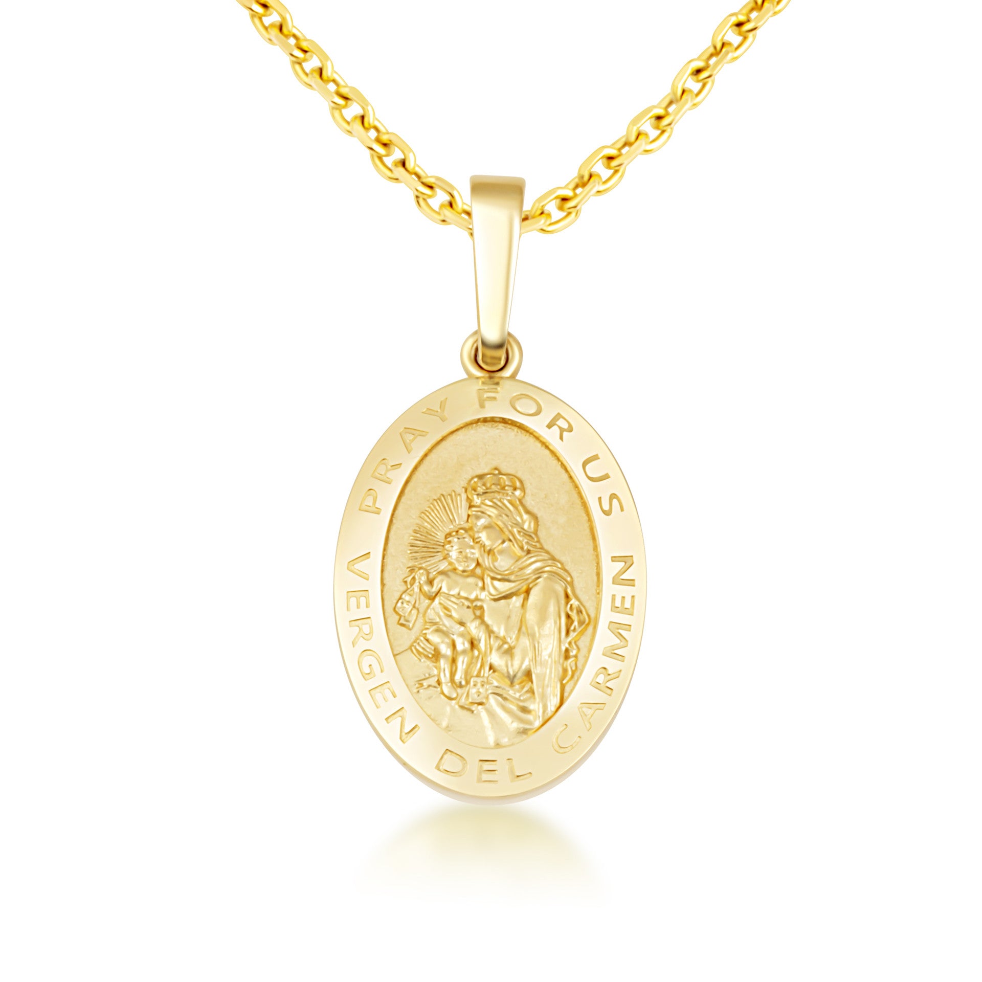 Yellow Gold Patron Saint Virgin del Carmen Oval Medallion Pendant Necklace