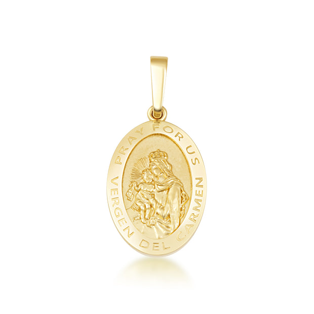 Yellow Gold Patron Saint Virgin del Carmen Oval Medallion Pendant Necklace