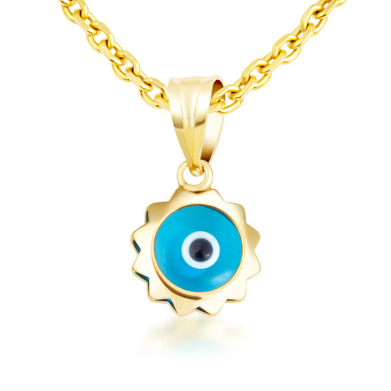 Yellow Gold Blue Enamel Evil Eye Sun Pendant Necklace