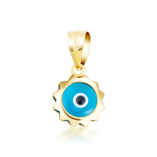 Yellow Gold Blue Enamel Evil Eye Sun Pendant Necklace