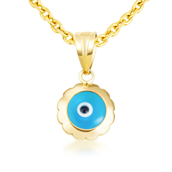 Yellow Gold Blue Enamel Evil Eye Pendant Necklace