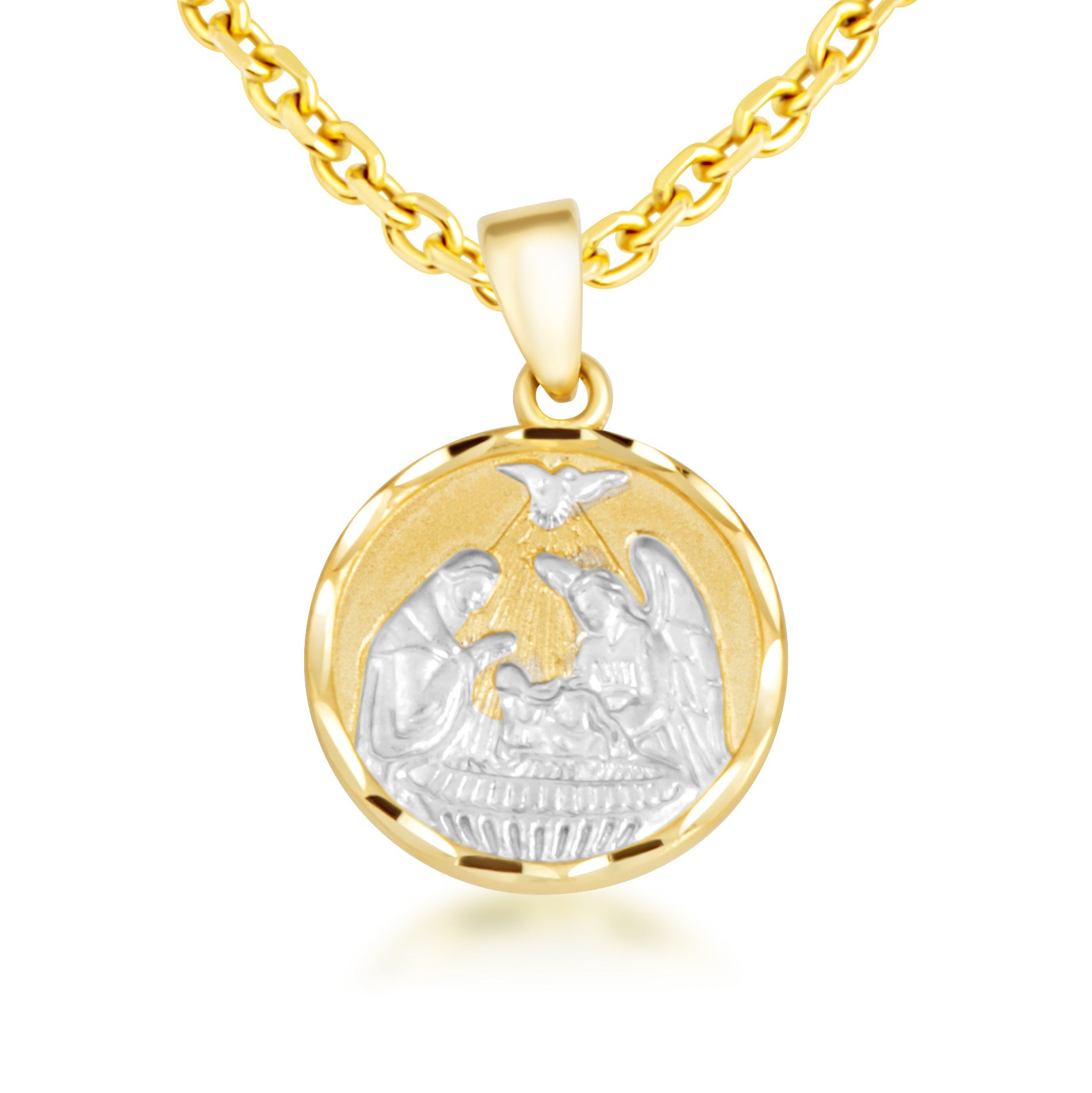 Two-Tone Gold Communion Nativity Diamond Cut Medallion Pendant Necklace