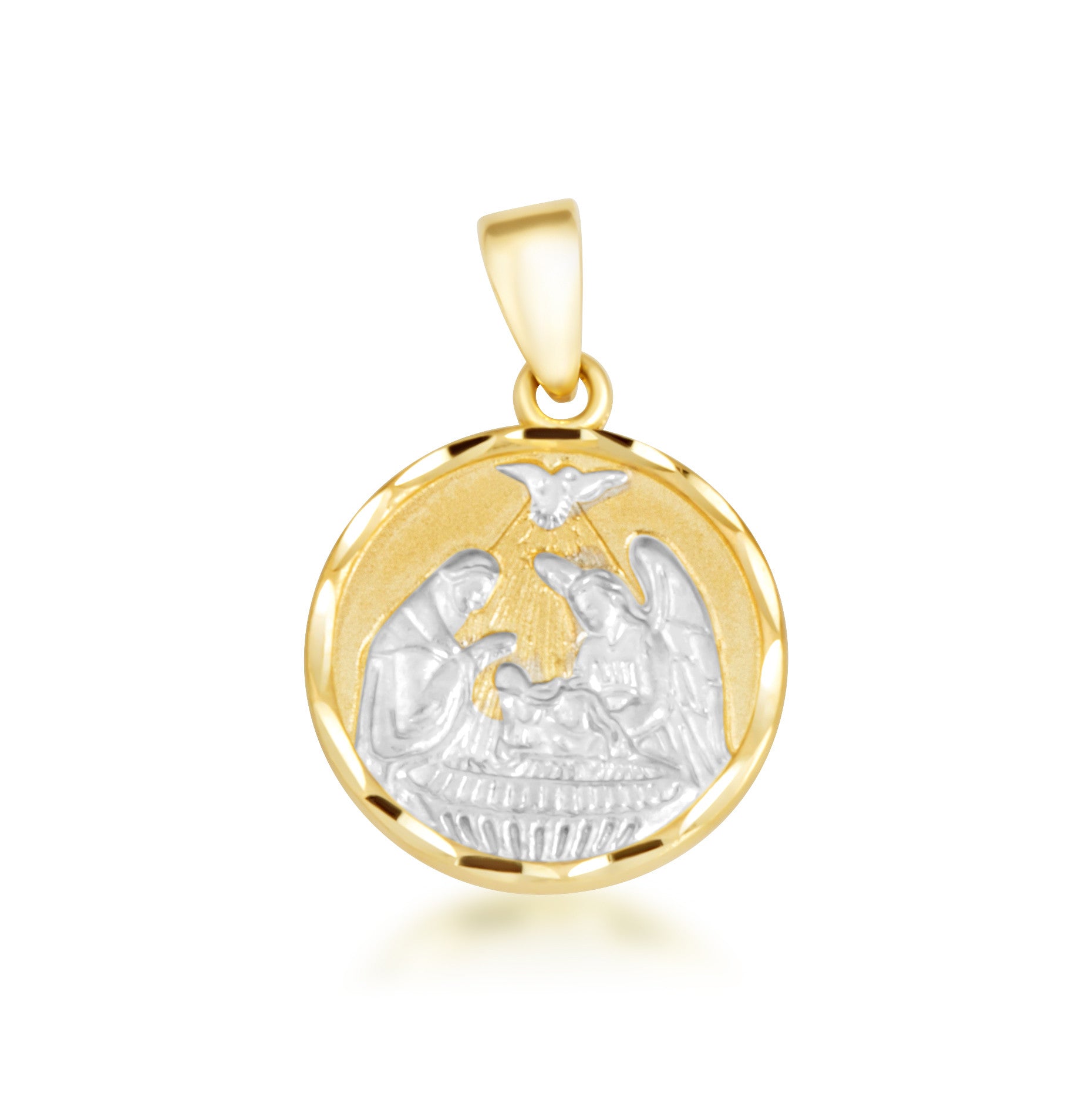 Two-Tone Gold Communion Nativity Diamond Cut Medallion Pendant Necklace