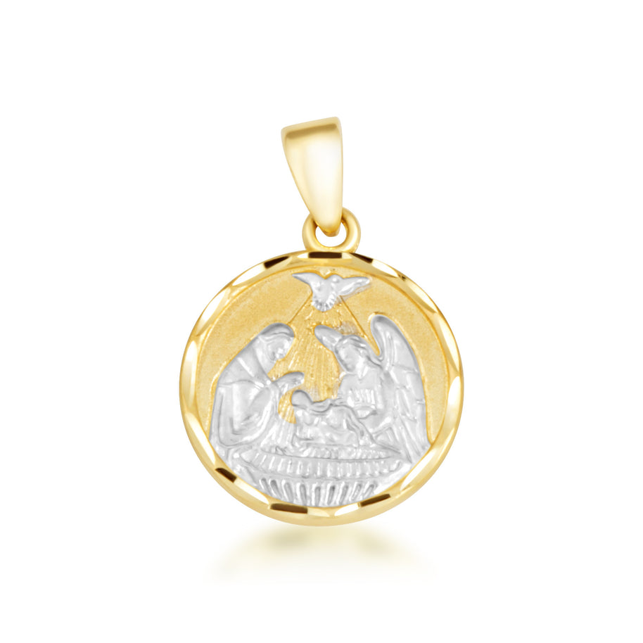 Two-Tone Gold Communion Nativity Diamond Cut Medallion Pendant Necklace
