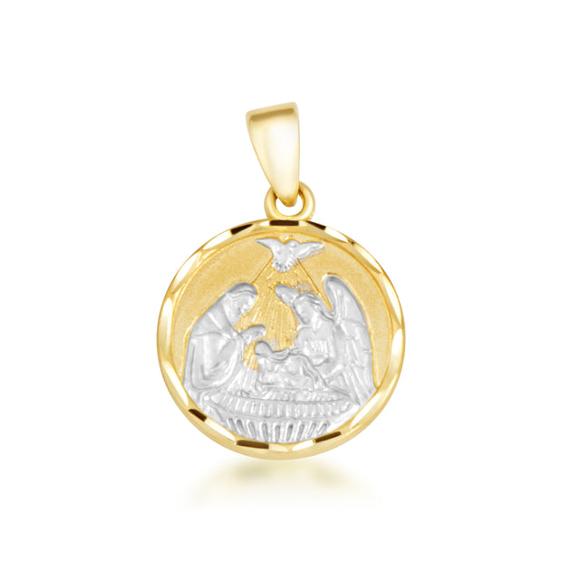 Two-Tone Gold Communion Nativity Diamond Cut Medallion Pendant Necklace