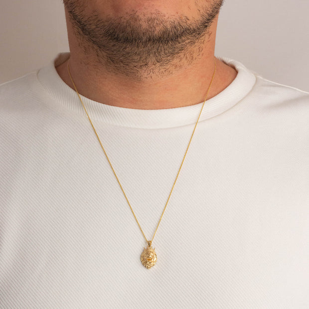 Yellow Gold Diamond Cut King Lion Crown Pendant Necklace