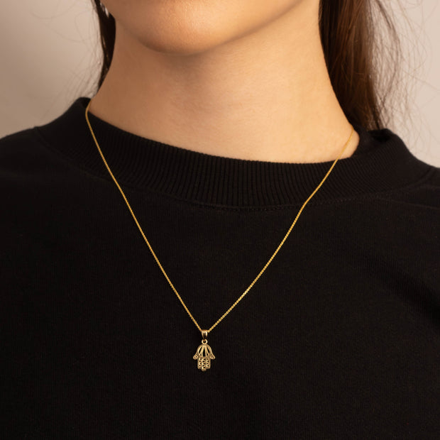 Yellow Gold Beaded Hamsa Hand Pendant Necklace