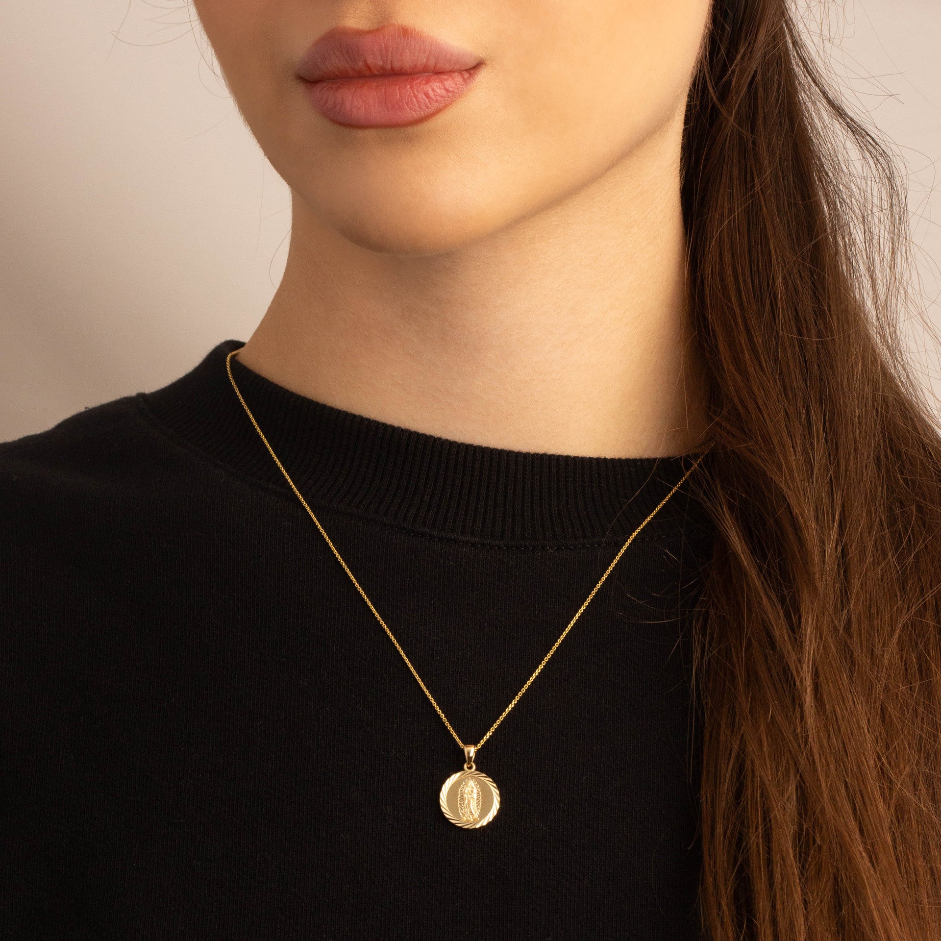 Yellow Gold Diamond Cut Our Lady of Guadalupe Medallion Pendant Necklace