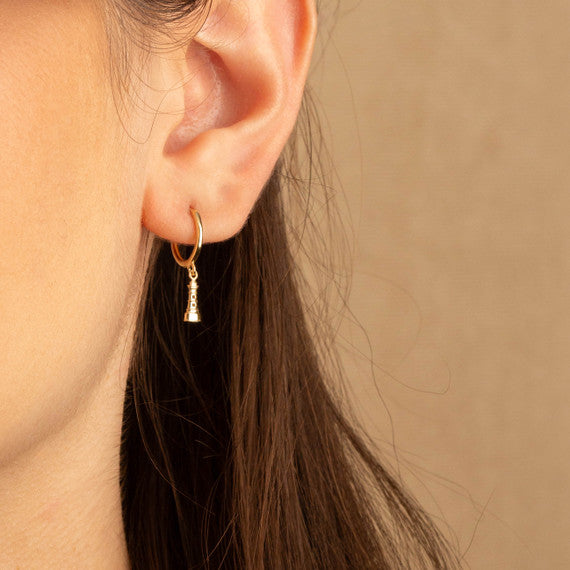 14K Yellow Gold Lighthouse Drop Huggie Hoop Earrings