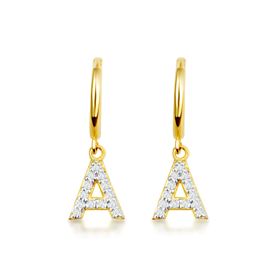 Yellow Gold Letter "A-Z" Initial Cubic Zirconia Studded Huggie Hoop Earrings