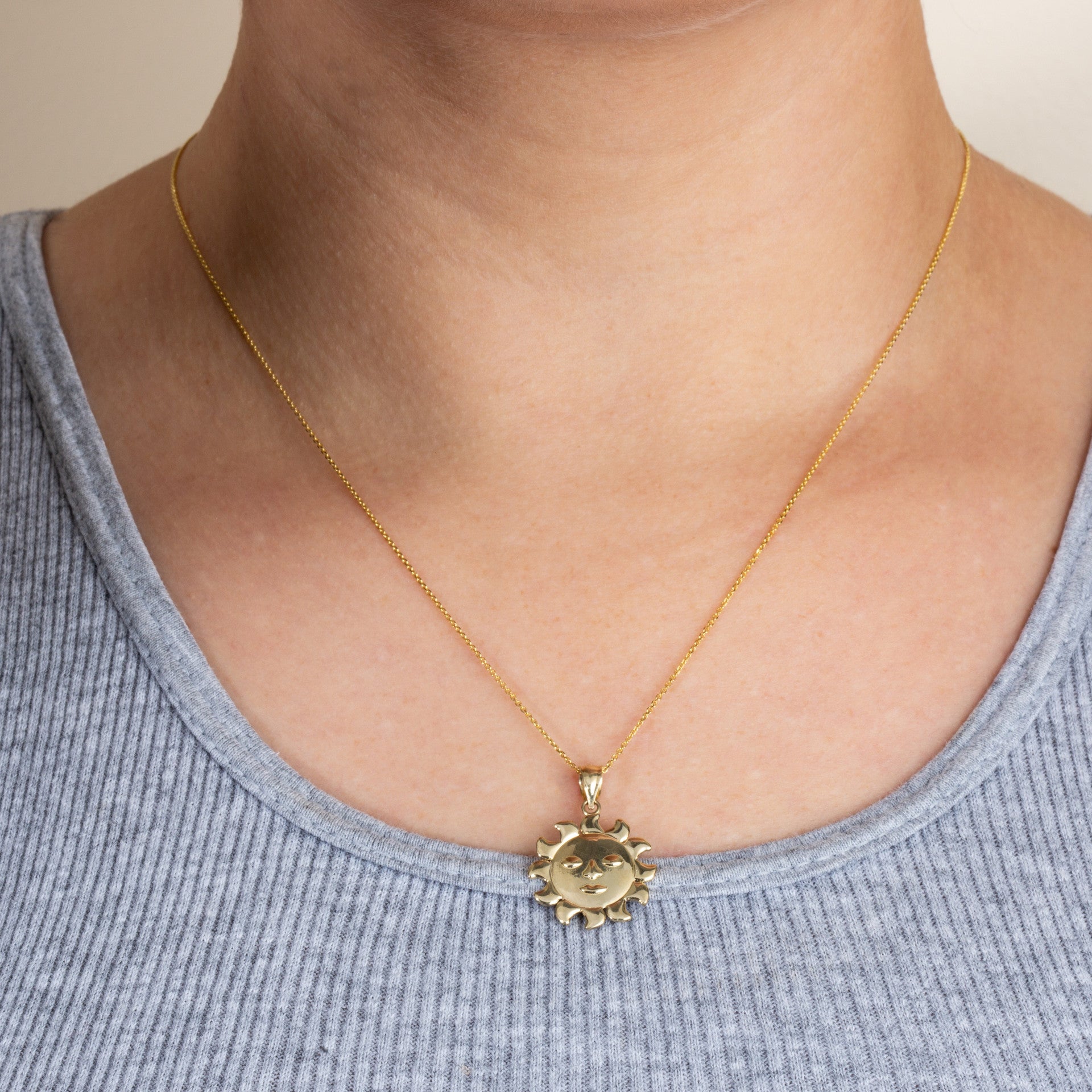 Prev Next Gold Celestial Sun Face Pendant Necklace (Available in Yellow/Rose/White Gold)