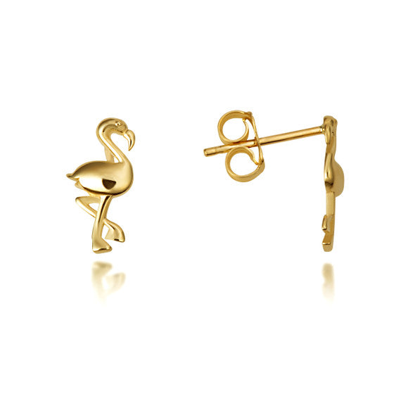 14K Yellow Gold Flamingo Bird Stud Earrings