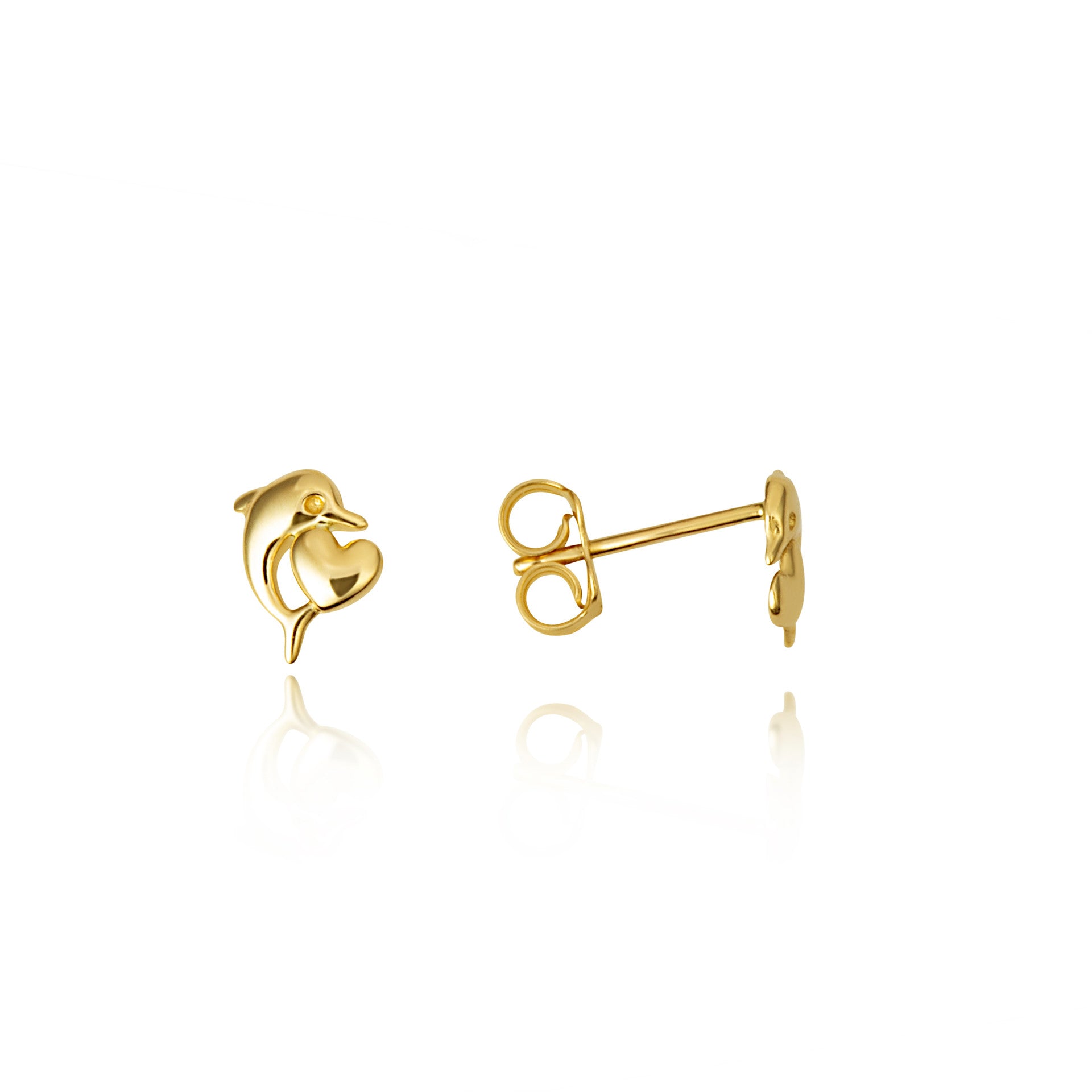 14K Yellow Gold Dolphin Heart Stud Earrings