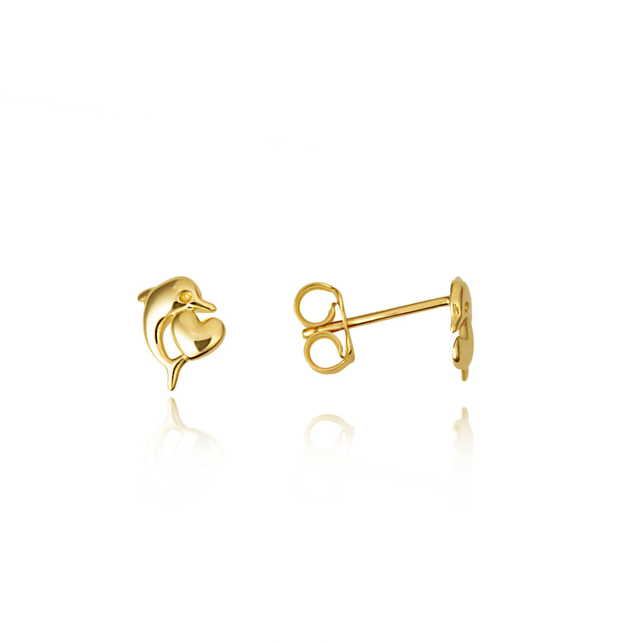 14K Yellow Gold Dolphin Heart Stud Earrings