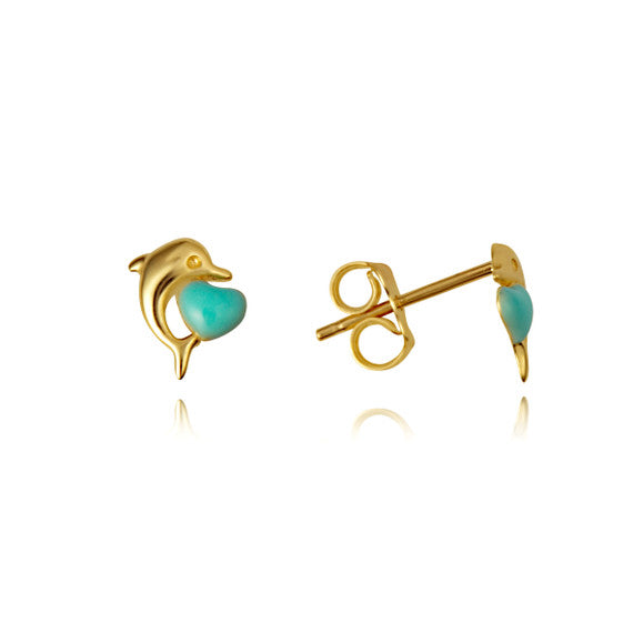 14K Yellow Gold Enamel Heart Dolphin Stud Earrings