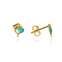 14K Yellow Gold Enamel Heart Dolphin Stud Earrings