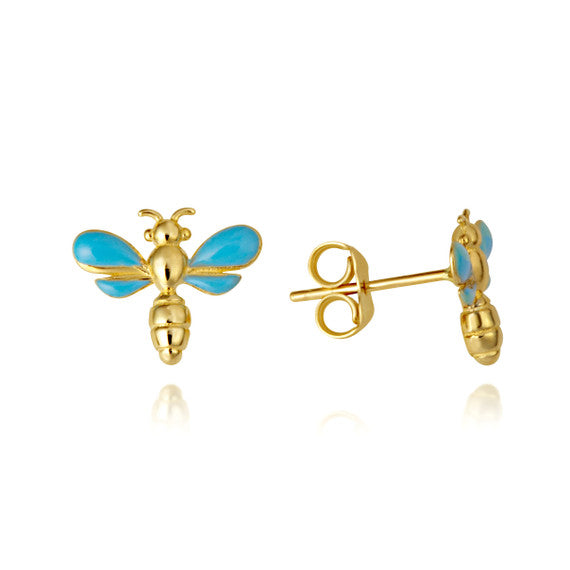 14K Yellow Gold Enamel Dragonfly Stud Earrings
