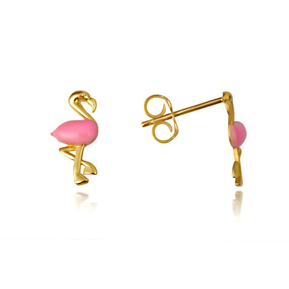 14K Yellow Gold Pink Enamel Flamingo Bird Stud Earrings