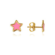 14K Yellow Gold Pink Enamel Star Stud Earrings