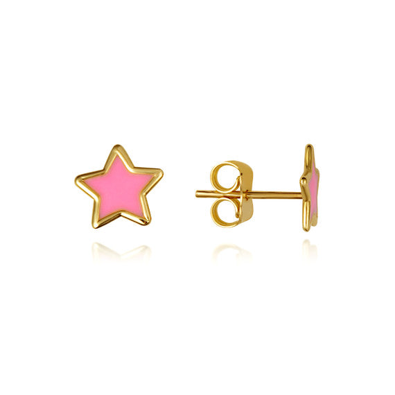 14K Yellow Gold Pink Enamel Star Stud Earrings