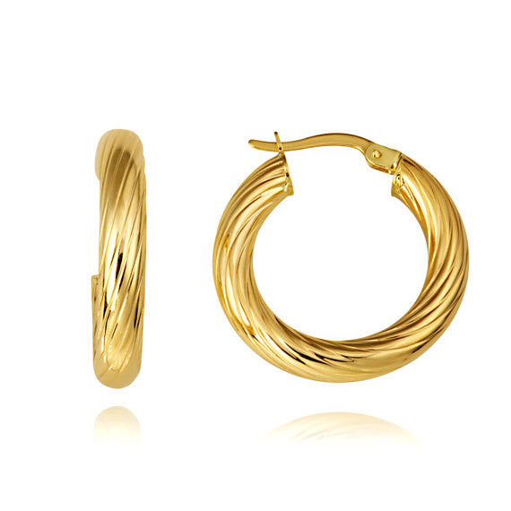 14K Yellow Gold Diamond Cut Twisted Hoop Earrings